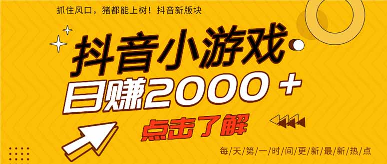 抖音小游戏，最新风口项目，亲测单游戏2000+感兴趣点击了解。
